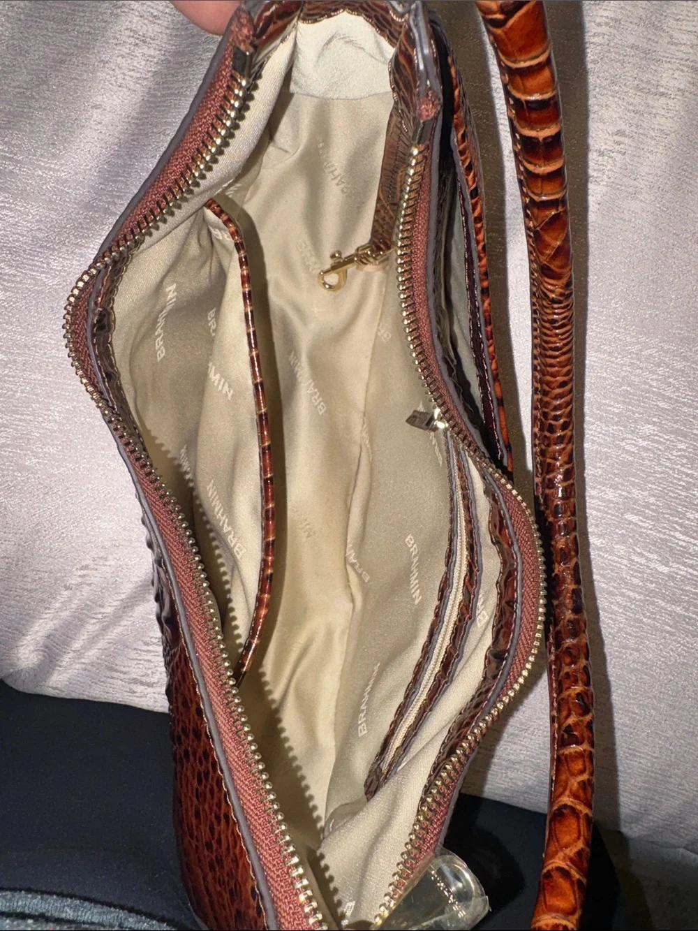 Brahmin Croc-Embossed Shoulder Bag in Rich Brown